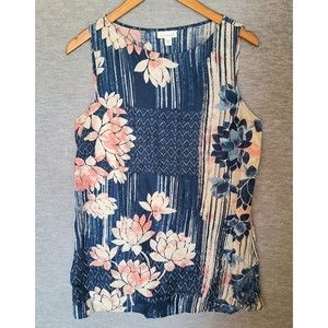 Pure Jill Linen Tunic Top Tank Lotus Flower Print Sleeveless Shirt Blouse M Tall